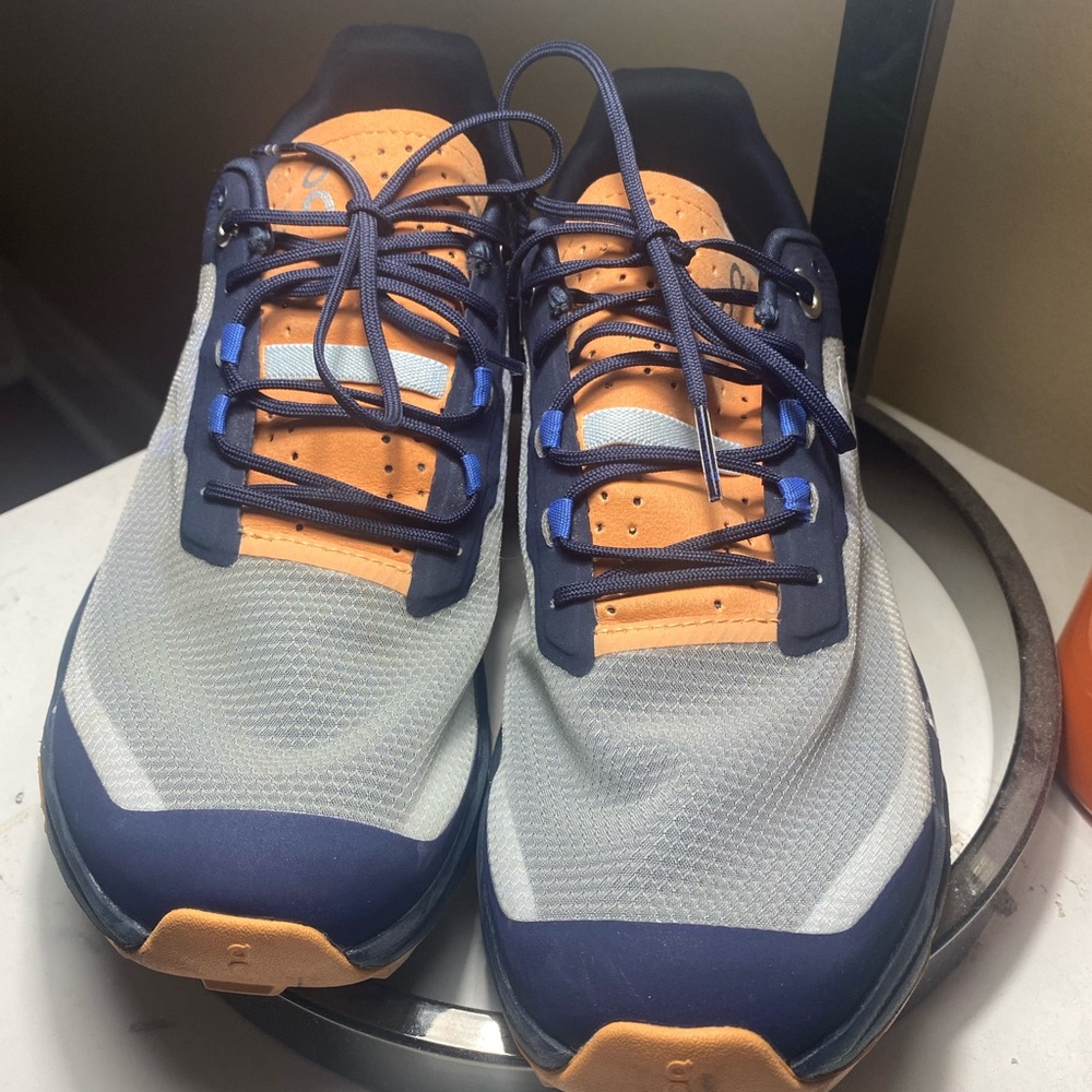 On Running Athletic Shoes - Gray, Orange, and Blue